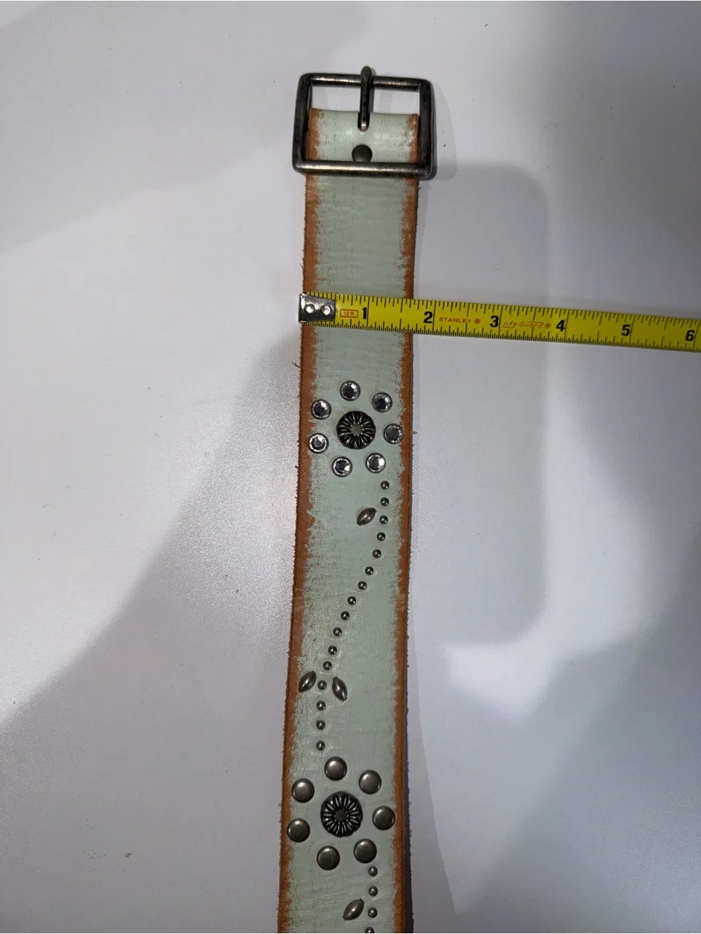 Linea Pelle Genuine Leather Belt Size L Studded Rhinestones Sea Green Y2K Hobo